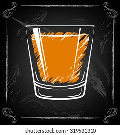 Whiskey, Drinking Glass, Alcohol. On chalk board. 