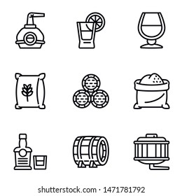 Whiskey factory icon set. Outline set of 9 whiskey factory vector icons for web design isolated on white background