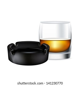whiskey glass and ashtray isolated on white