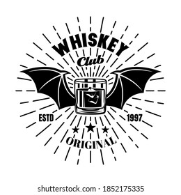 Vidrio sinuoso con alas de murciélago y emblema vectorial de rayas, placa, etiqueta o logotipo en estilo monocromo vintage aislado en fondo blanco
