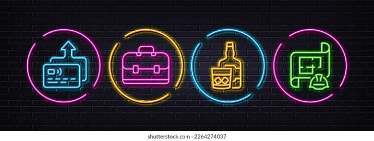 Whiskey glass, Card and Portfolio minimal line icons. Neon laser 3d lights. Engineering plan icons. For web, application, printing. Scotch drink, Send payment, Business case. Vector