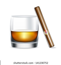 whiskey glass and cigar isolated on white