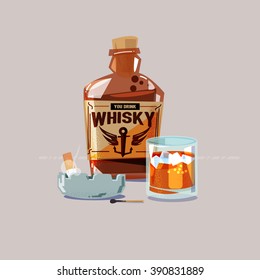 whiskey with glass and cigarette in ashtray - vector illustration