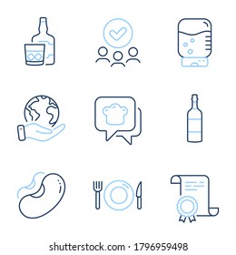 Whiskey glass, Cooking hat and Food line icons set. Diploma certificate, save planet, group of people. Beans, Brandy bottle and Water cooler signs. Scotch drink, Chef, Restaurant. Vector