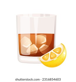 Whiskey in a glass decorated with slice of lemon. Alcoholic drink vector illustration.