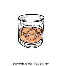 Whiskey glass hand drawn black outline engraving style vector art illustration.