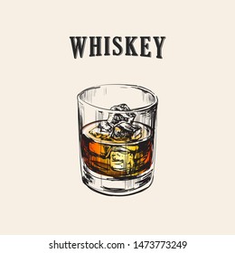 Whiskey Glass. Hand Drawn Drink Vector Illustration.