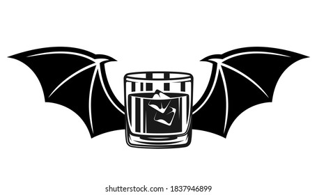 Whiskey glass with ice and bat wings vector illustration in vintage monochrome style isolated on white background