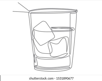 Whiskey in glass with ice continuous one line drawing minimalism design isolated on white background