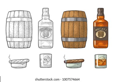 Whiskey glass with ice cubes, barrel, bottle and cigar. Vector vintage color illustration for label, poster, invitation to a party. Isolated on white background. Hand drawn design element.