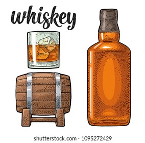 Whiskey glass with ice cubes, barrel, bottle. Vector vintage color illustration for label, poster, invitation to a party. Isolated on white background. Hand drawn design element.