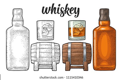 Whiskey glass with ice cubes, barrel, bottle. Vector vintage engraving color illustration for label, poster, invitation to a party. Isolated on white background. Hand drawn design element.