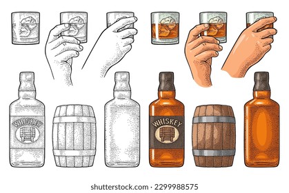 Whiskey glass with ice cubes, barrel, bottle. Vector vintage color engraving for label, poster, invitation to a party. Isolated on white background. Hand drawn design element.