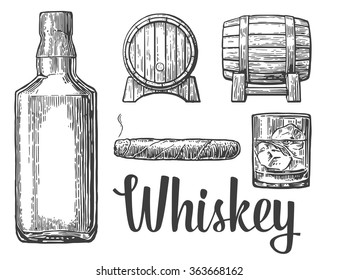 Whiskey glass with ice cubes, barrel, bottle, cigar. Engraving vintage vector black illustration. Isolated on white background. Hand drawn design element for label and poster