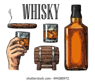 Whiskey glass with ice cubes, barrel, bottle and cigar. Vector vintage color illustration for label, poster, invitation to a party. Isolated on white background. Hand drawn design element.