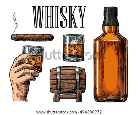 Whiskey glass with ice cubes, barrel, bottle and cigar. Vector vintage color illustration for label, poster, invitation to a party. Isolated on white background. Hand drawn design element.