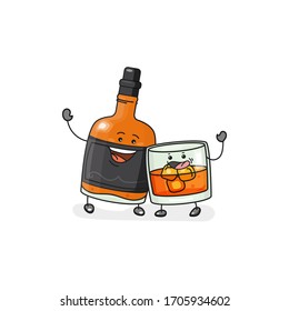 Whiskey glass with ice cubes, bottle. Vector flat cartoon color icon with emotions. For poster, invitation to party. Isolated on white background. Hand drawn sketch comic style