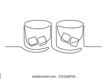 Whiskey in glass with ice cubes continuous one line drawing minimalist design for logo isolated on white background. Bar and restaurant concept. Vector illustration