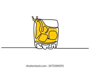 whiskey in glass with ice cubes continuous line drawing. Bar and restaurant concept. Vector illustration minimalist design hand drawn.