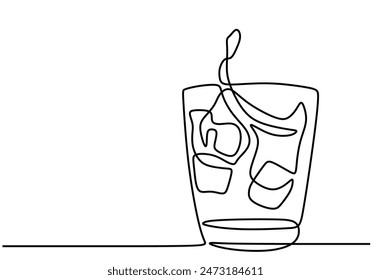 whiskey in glass with ice cubes continuous line drawing. Bar and restaurant concept. Vector illustration minimalist design hand drawn.