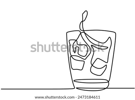 whiskey in glass with ice cubes continuous line drawing. Bar and restaurant concept. Vector illustration minimalist design hand drawn.