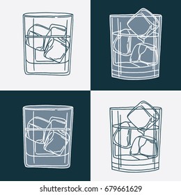 Whiskey glass with ice cubes.
Hand drawn illustration set.