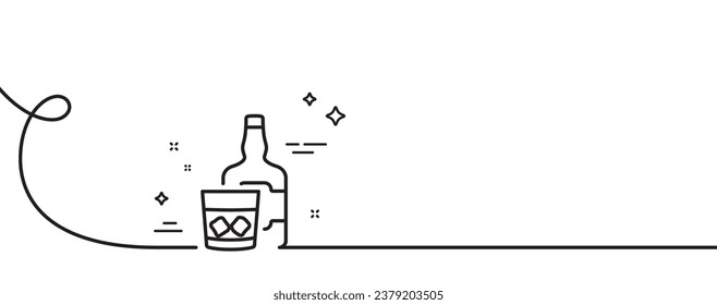 Whiskey glass with ice cubes line icon. Continuous one line with curl. Scotch alcohol sign. Whiskey glass single outline ribbon. Loop curve pattern. Vector