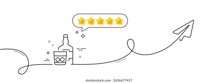 Whiskey glass with ice cubes line icon. Continuous line with share plane. Scotch alcohol sign. Five star rate review in speech bubble. Whiskey glass single line ribbon. Loop curve pattern. Vector