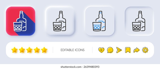Whiskey glass with ice cubes line icon. Neumorphic, Flat shadow, 3d buttons. Scotch alcohol sign. Line whiskey glass icon. Social media icons. Vector