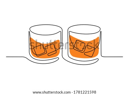 Whiskey in glass with ice cubes one line drawing minimalist design for logo isolated on white background. Bar and restaurant concept for posters, wall art. Vector illustration