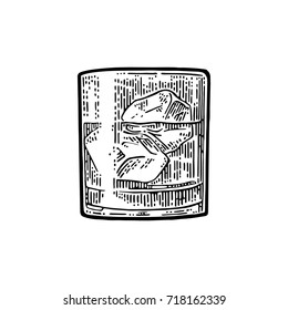 Whiskey glass with ice cubes. Vector vintage black engraving illustration isolated on white background. Hand drawn design element.