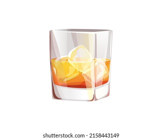 Whiskey en un vaso con cubos de hielo.Ilustración vectorial sobre un fondo blanco.