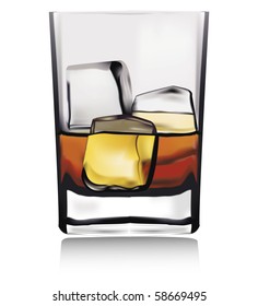 Whiskey in glass with ice isolated on white. Vector.