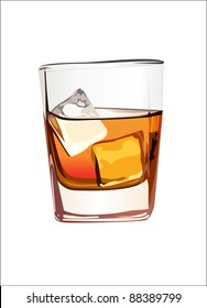 Whiskey in glass with ice isolated on white. Vector