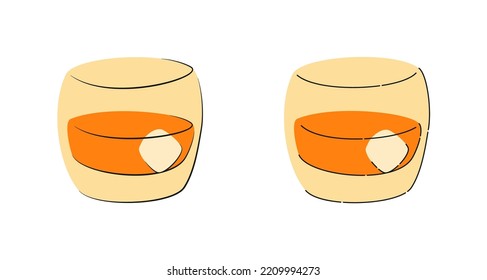 Whiskey glass with ice on white background. Cartoon sketch graphic design. Flat style. Colored hand drawn image. Party drink concept for restaurant, cafe, party. Freehand drawing style. Vector.
