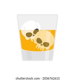 Whiskey in glass with ice in shape of skull. Alcohol poison