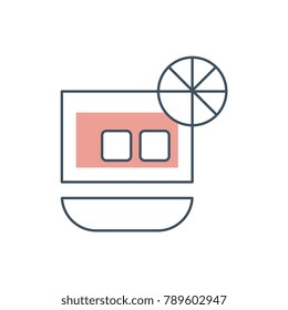 Whiskey glass with ice and slice of lemon. Alcoholic cocktail concept. Flat vector icon with black outline and pink fill color. Design for invitation card or menu