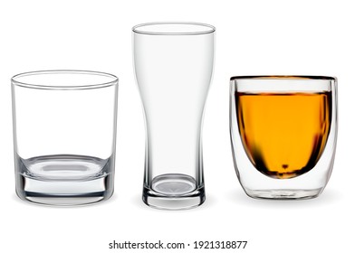 Whiskey glass isolated. Transparent alcohol cup vector illustration, bourbon drink. Beer glass mockup, restaurant glassware. Scotch whiskey tumbler set, bar drunk without ice rocks