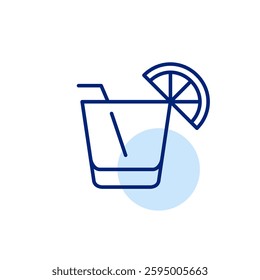 Whiskey glass, lemon and straw. Alcoholic drinks at bar. Cocktail and spirits menu. Pixel perfect, editable stroke vector icon