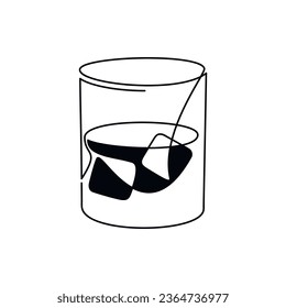 Whiskey glass on the rocks line continuous drawing. Bourbon, scotch, brandy hard drink icon. Hand drawn linear vector illustration. Print, banner, card, poster, sign, symbol. Bar, pub, shop logo.