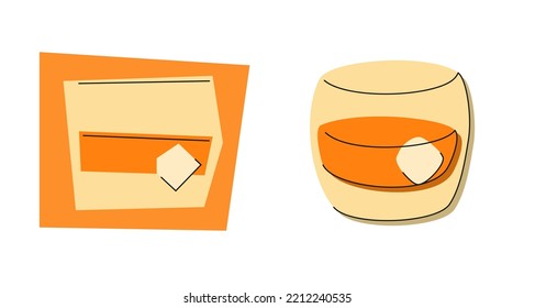 Whiskey glass on white background. Cartoon sketch graphic design. Flat style. Conditional colored hand drawn image. Party drink concept for restaurant, cafe. Vector freehand. Two kinds of illustration
