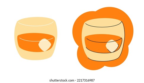 Whiskey glass on white background. Cartoon sketch graphic design. Flat style. Conditional colored hand drawn image. Party drink concept for restaurant, cafe. Vector freehand. Two kinds of illustration