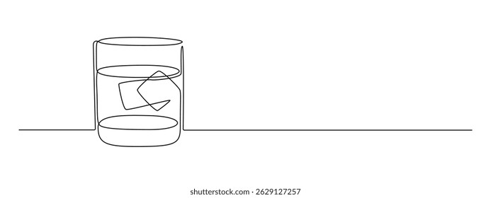 Whiskey glass in one continuous line drawing. Whisky and liquor with ice cubes for alcohol drink menu in simple linear style. Editable stroke. Doodle contour vector illustration