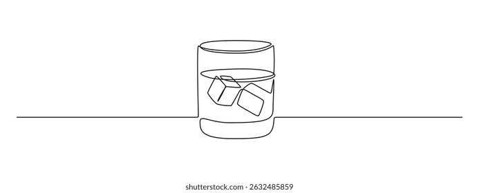 Whiskey glass in one continuous line drawing. Whisky and liquor with ice cubes for alcohol drink menu in simple linear style. Editable stroke. Doodle monoline vector illustration