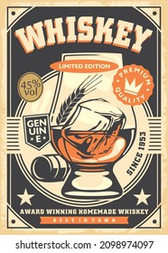 Whiskey glass promotional poster design. Drinks and beverages retro sign advertisement. Vector whiskey illustration.