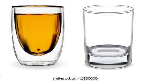 Whiskey glass. Transparent bourbon cup isolated. 3d realistic vector mug for rum or scotch alcohol coctail. Empty glassware mockup blank. Clean modern beverage utensil design. Empty crystal