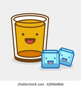 Whiskey Glass With Two Ice Cubes Smiley Face Cartoon