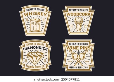 whiskey, glass, wooden cork, ice diamond and wine pin retro badge logo vector design set for brewery industry and restaurant company label, sign, symbol or brand identity