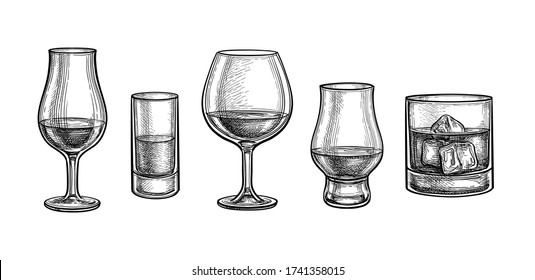 Whiskey glasses big set. Ink sketch isolated on white background. Hand drawn vector illustration. Retro style.