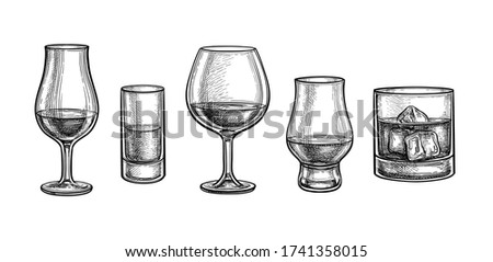 Whiskey glasses big set. Ink sketch isolated on white background. Hand drawn vector illustration. Retro style.